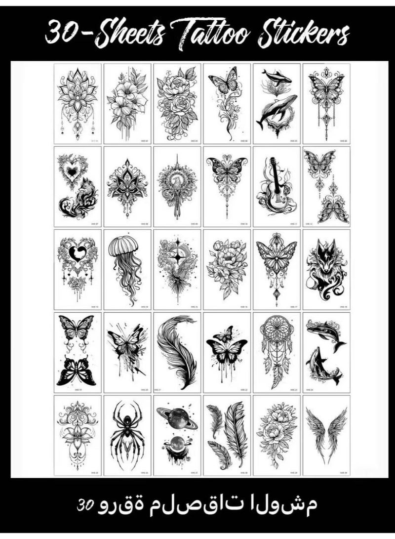 30 ملصق وشم مؤقت مقاوم للماء بتصاميم الفراشات والقلوب والمراسي والنصوص والخطوط والزهور، مناسب للأطفال والكبار والرجال والنساء - أسود - Image 1